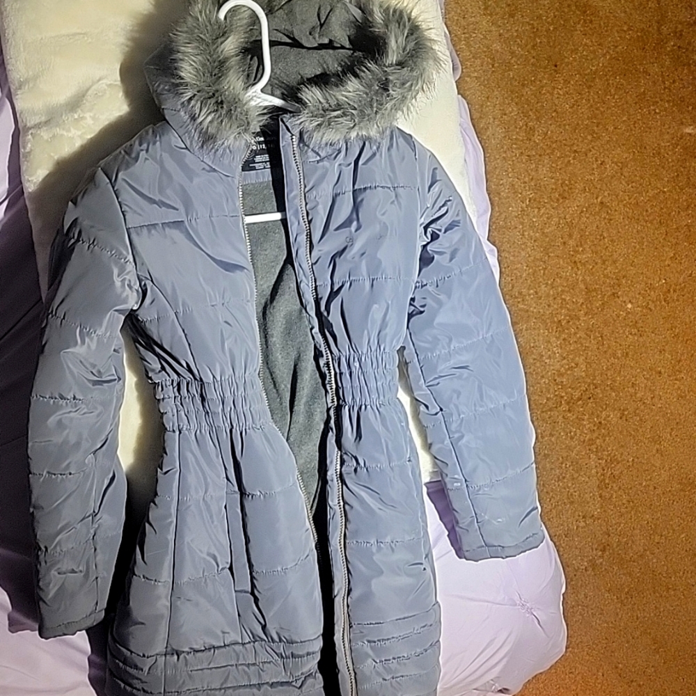 Grey longer winter coat size 12-14 with furry hood,  zipper